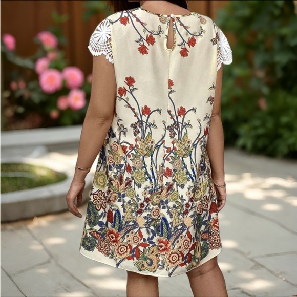 Lightweight Satin Floral Print Cream Mini Dress Crochet Flutter Cap Sleeves - Picture 2 of 11